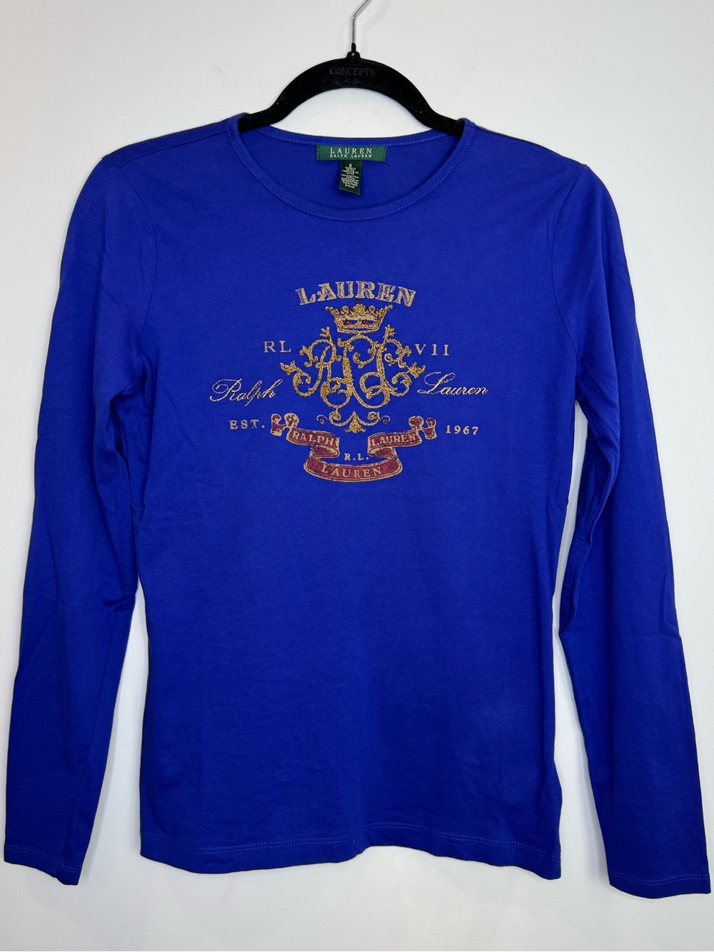 Ralph Lauren blue royal bead Gold Crest Long Sleeve size small embellishment